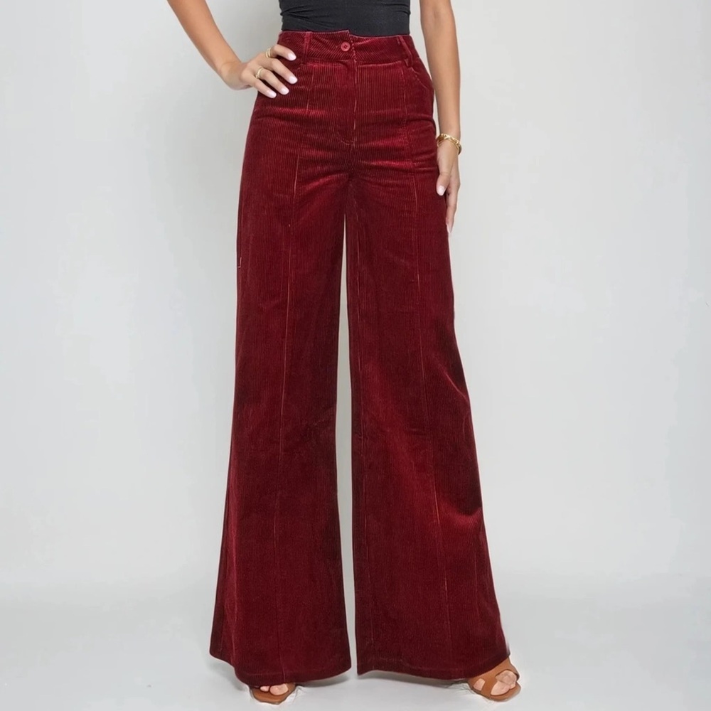 Women's Burgundy Corduroy Wide-Leg Pants